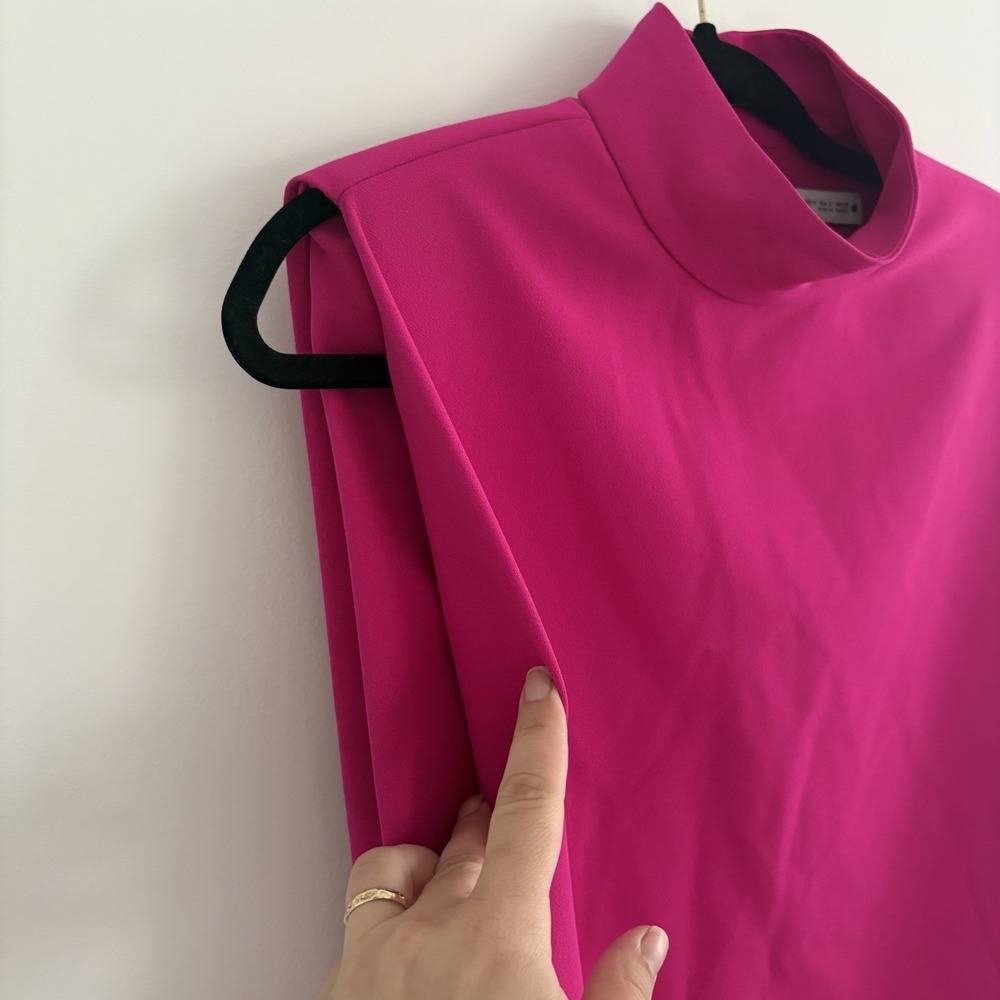 ZARA Shoulder Padded Cape Dress Neon Fuchsia Mock Neck Sleeveless Mini Women's S - Picture 3 of 10